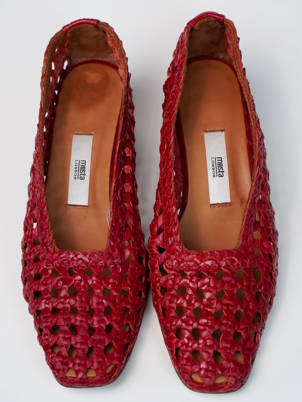 Miista London Red Woven Leather Pumps Square Toe Block Heel Spain 36 US 6